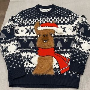 [M]Reserved Cotton Blend Holiday Festive Navy Llama Ugly Sweater